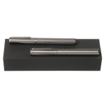 Keystone Dark Chrome Rollerball and Fountain Pen Set Pictured with Presentation Box by Hugo Boss.