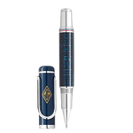 Montblanc's Great Characters The Great Gatsby Rollerball Pen, Special Edition is made out of precious resin in blue with platinum trims on the spring clip, nib, and edges of the cap and barrel.