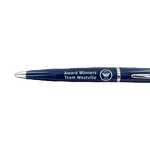 Two Line Writing Instrument Barrel Block Engraving on a Cross Pen with company logo.