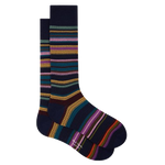 These Men's 3-Pack Navy Mixed Stripe Cotton Socks has a pair with thin stripes with a block ombre design of navy blue, royal blue, and a light blue.