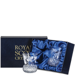 These Royal Scot Crystal Flower of Scotland 2 x 26cl Thistle Shape Whisky Tumblers will be presented inside a satin lined gift box.