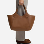 The BOSS Lenah Brown Leather New Tote Bag with Metallic Logo by BOSS.