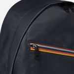 Zip closure on the Navy Blue Recycled Polyester Backpack with Artist Stripe Trim.