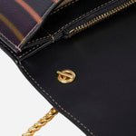 The detachable chain strap on the Women's Swirl Print Leather Evening Bag with Chain Strap.