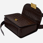 Magnetic fastening on The Belsize Dark Oak Faux Croc Leather Small Flapover Shoulder Bag.