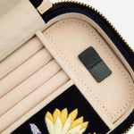 Close up inside the Zoe Indigo Velvet Travel Zip Jewellery Case.