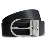 This BOSS Otif Reversible Italian Leather Belt with Signature Stripe Inlay is made out of Italian leather with one plain side in brown and the other in black saffiano.
