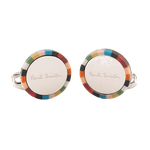 This pair of Paul Smith Signature Stripe Edge Round Logo Cufflinks is made from a blend of copper and zinc with a resin inlay.