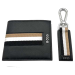 This Hugo Boss wallet and keyring gift set comes in a black leather with a stripe design.