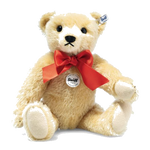 Steiff's Classic 1909 Teddy Bear 35 cm is made out of a mohair and cotton blend with a soft touch and satin ribbon neck tie.