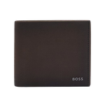 This Crosstown Bifold Grained Brown Leather 8CC Wallet by BOSS has the brand name in polished gunmetal lettering in the corner.