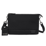 This TUMI Harrison Bardin Clutch in Black has leather trims with the TUMI brand name.