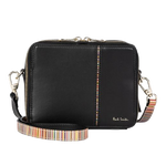 This Paul Smith Women's 'Signature Stripe' Black Leather Camera Bag has polished gold trims with the engraved paul smith signature.