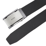 The matte finish on the brushed silver hardware give the Jecori Black Leather Clamping Buckle Belt with Logo a subtle look that can be dressed up or worn casually.