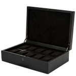 This WOLF 1834 Black British Racing 10 Piece Watch Box features a lock and key security.