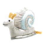 Steiff's Soft Cuddly Friends Snailly Slug is 20 cm in length and 14 cm tall with a soft plush exterior and safety eyes.