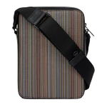 Paul smith's Men's 'Signature Stripe' Coated Canvas Flight Bag has a chunky strap that is adjustable in length.