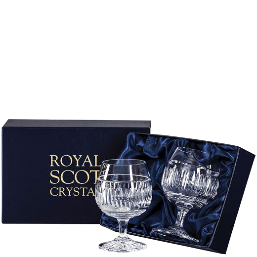 royal scot crystal art deco 2 brandy glasses packaging