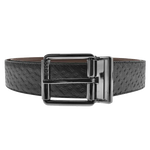 This BOSS 'B' Monogram Reversible Leather Orrol Belt, Black & Brown has a polished gunmetal pin buckle with rounded corners and the BOSS brand name engraved.