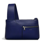 This Pockets Icon Evenfall Blue Leather Zip Top Crossbody Bag by Radley has a smooth exterior with polished silver trims.