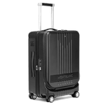 Montblanc's #MY4810 Black Cabin Trolley with Front Pocket has a retractable top handle, side grab handle, spinner wheels, leather patch, and a TSA lock.