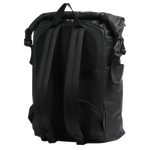 The back of the Catch EVO Black Rolltop Backpack features padded, adjustable shoulder straps, a trolley strap, and a grab handle.