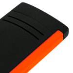 This Maxijet Matte Black & Neon Orange Lighter by S.T. Dupont has two lines going across the front that has a curved look.