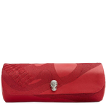 The WOLF 1834 Red Memento Mori Triple Watch Roll with Capsule features an adjustable snap closure.