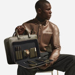 Inside the front pocket of the Sfumato Khaki Corteccia Leather Briefcase.