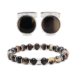This BOSS Brown Beaded Bracelet and Cufflinks Set is made out of cattle horn and brass that has a polished silver finish.