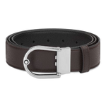This Montblanc Horseshoe Buckle Reversible Grainy Leather Belt in Ebony/Black has a shiny palladium finish with the snowcap emblem.