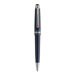 The Meisterstück Around the World in 80 Days Blue Midsize Ballpoint Pen by Montblanc has platinum trims on the cap ring and nib.