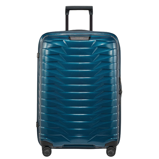 Samsonite's Proxis Petrol Blue Spinner Suitcase, 69 cm has a hard-shell exterior with black trims to contrast.