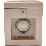 This WOLF Rose Gold Palermo Watch Winder with Jewellery Storage features rose gold finished accents.