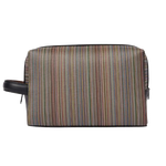 This Paul Smith 'Signature Stripe' Coated Canvas Wash Bag has a side grab handle in cowhide leather.