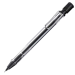 Transparent mechanical pencil with metal clip and eraser underneath button.