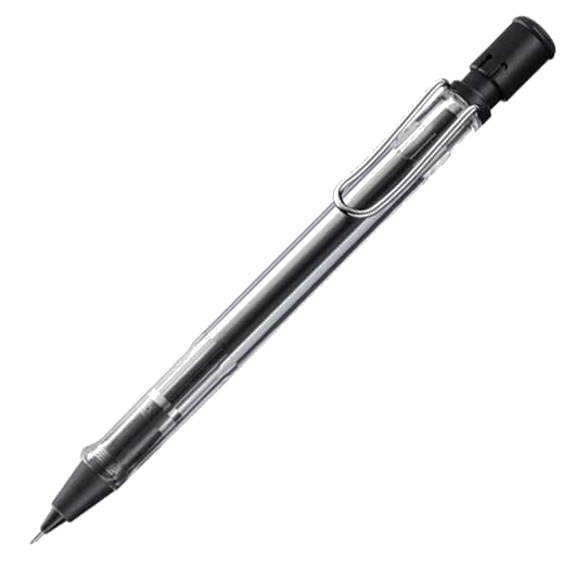 Transparent mechanical pencil with metal clip and eraser underneath button.