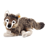 This Steiff Snorry the Dangling Wolf is made from a combination of polyacrylic and cotton and has a faux fur exterior.