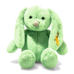 Steiff's Soft Cuddly Friends Green Tilda Rabbit has a soft green plush exterior with safety eyes and an embroidered nose.