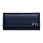 Radley's Heritage Lane Ink Blue Large Flapover Matinee Purse has the Scottie dog on the front in gold foil embossing.