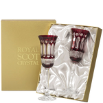 These Belgravia 2 x 18cl Ruby Red Champagne Flutes will be presented inside a gold Royal Scot Crystal gift box that has been lined with ivory satin.