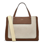 This Radley Dukes Place Brown Leather & Canvas Medium Ziptop Bag has two grab handles and a detachable crossbody strap in ecru canvas.