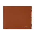 Paul Smith's Tan 'Signature Stripe' Trim Compact 6CC Billfold Leather Wallet is made from smooth cowhide leather in a tan brown shade.