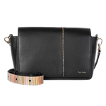 This Paul Smith Women's Black Leather 'Signature Stripe' Cross-Body Bag is made out of plain leather with a striped leather cross body strap that is adjustable.