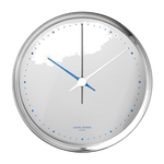 Georg Jensen's Koppel White Stainless Steel Wall Clock 22cm has blue detailing that stands out against the white.