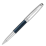 Montblanc rollerball pen with blue hexagon barrel.
