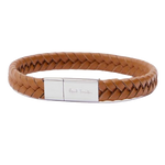 Paul smith's Men's Tan Leather Braided Bracelet is made out of cowhide with a metal clasp in polished silver.