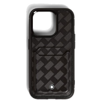 Montblanc's Extreme 3.0 Hard Shell Black iPhone 16 Pro 2CC Case has 2 card slots on the back in matching cowhide leather with the Extreme 3.0 pattern.