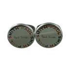 This pair of silver Paul Smith cufflinks come with the brand name around the outside in different colour lettering.