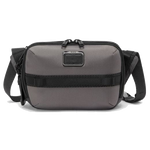TUMI's Alpha Bravo Charcoal Ranger Cross Body Bag can be embossed on the leather of the luggage tag.